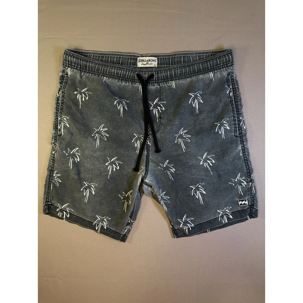 Billabong Sundays Layback Palm Print Swim Trunks Small Beach Vintage Style Beach